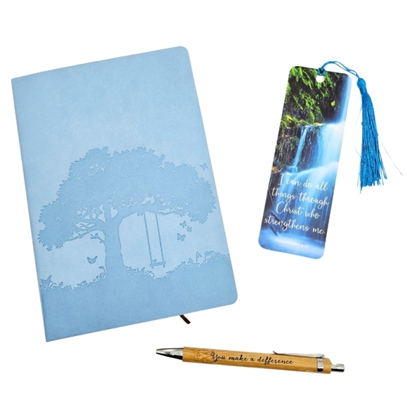Tree of Life Faux Leather Journal Bamboo Pen Inspirational Bookmark Set Blue - Picture 1 of 12